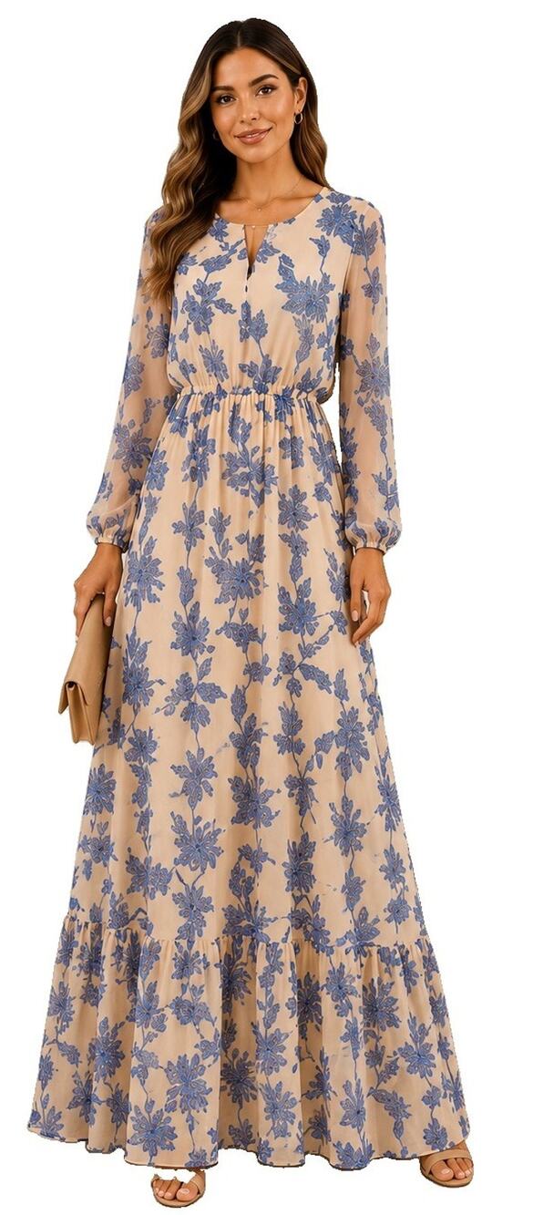 Y.A.S Floral Maxi Dress – Women’s Medium– Beige & Blue – Long Sleeve